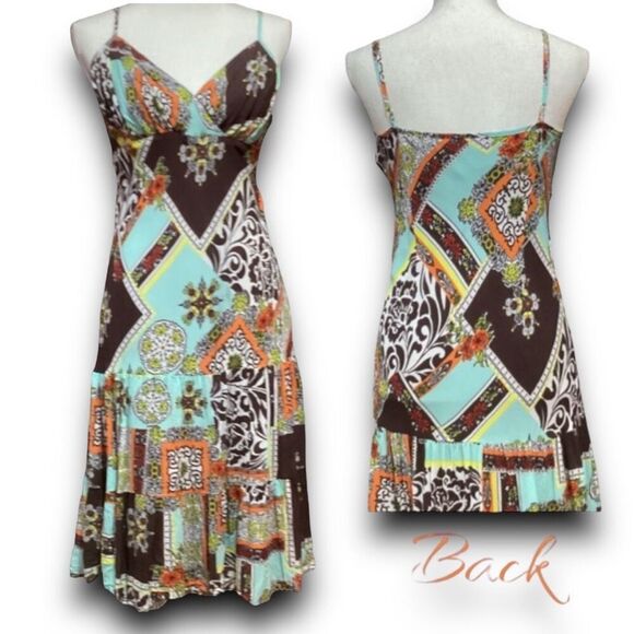 Lily A-Line Strap Brown Orange & Teal Patchwork Summer Midi Dress Size Large - Picture 1 of 11